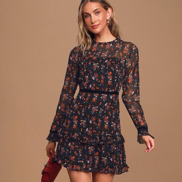 Lulus Black Floral Long Sleeve Mini Dress – NWT Size L | Special Occasion - Picture 2 of 4